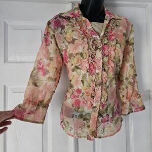 Whimsical cottage fairy floral vintage y2k 3/4 sleeve chiffon blouse